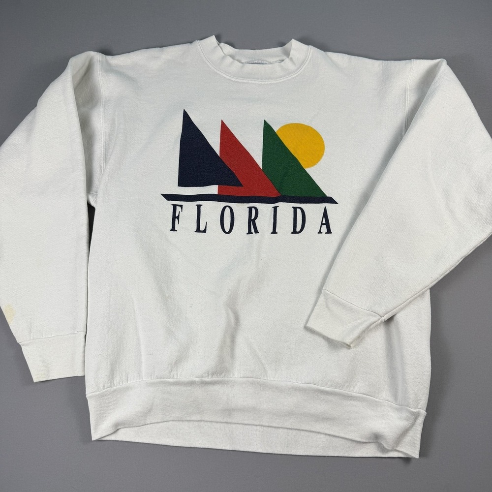 Vintage Oneita Sweatshirt Mens XL White Florida Graphic Crewneck Made USA 90s - Picture 1 of 10